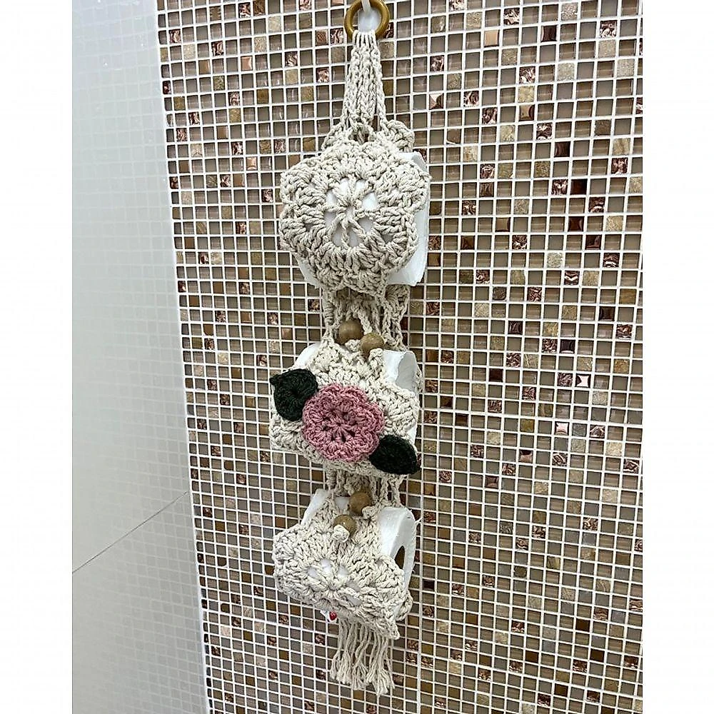 Porta Papel Higiênico Crochê Artesanal Flor Bordado Algodão 3 Lugares Azul
