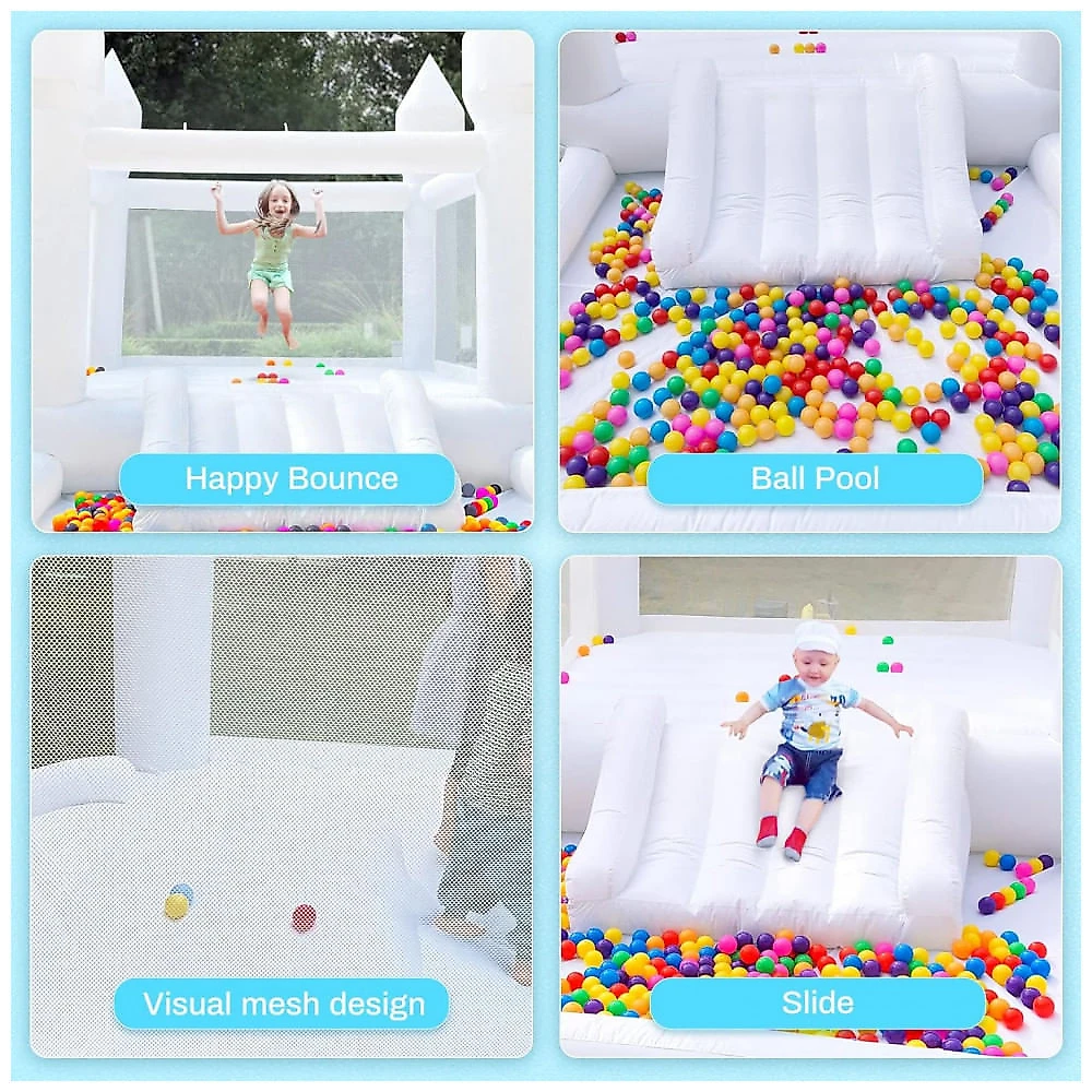 Casa de Pula-Pula Branca Inflável para Crianças com Motor UL Portátil, Grande Piscina de Bolinhas e Espaço para Pular 3 em 1 - Cessbong