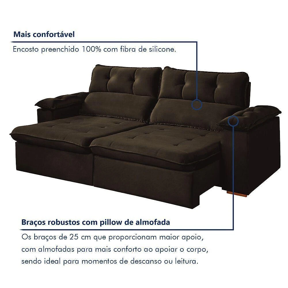 Sofá Retrátil Toronto 3 Lugares Reclinável 230CM Marrom Veludo Rei de Casa