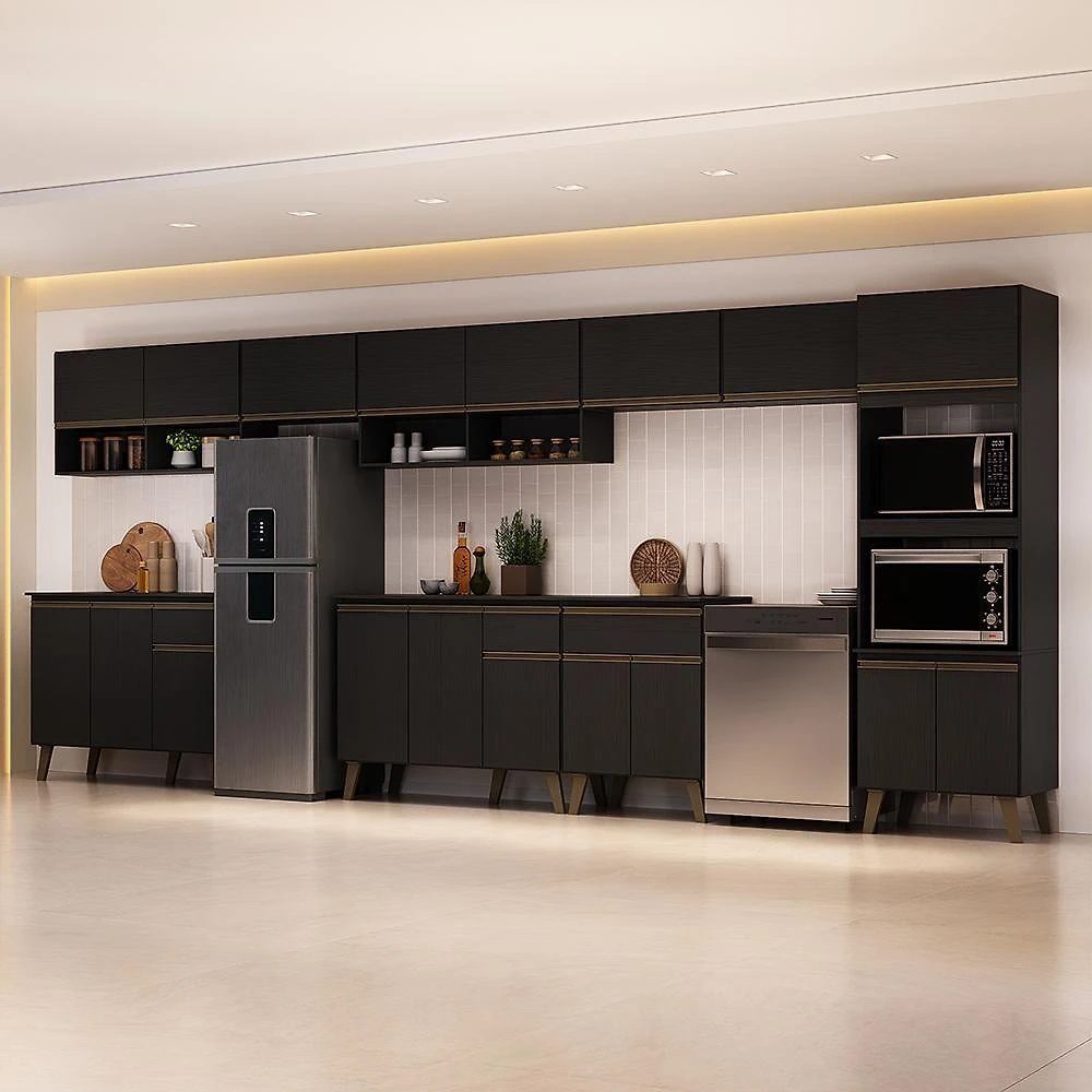 Cozinha Completa Atlanta Mile 18 Portas 3 Gavetas MDP 450CM Preto Touch Carraro