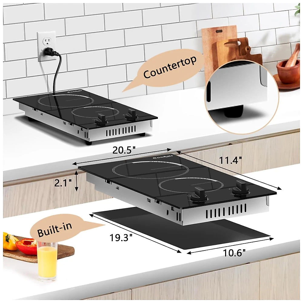 Cooktop Elétrico de 2 Bocas 110V 2000W, Bancada e Embutir, Indicador Calor Residual, Proteção Contra Sobreaquecimento,Cooksir