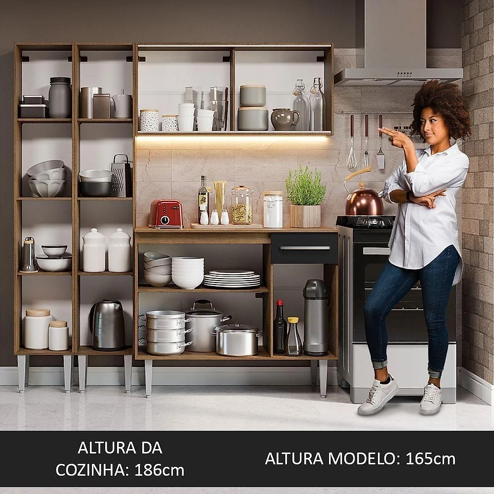 Armário De Cozinha Compacta 169cm Rustic/preto Emilly Madesa 10 Rustic/preto Rustic/preto
