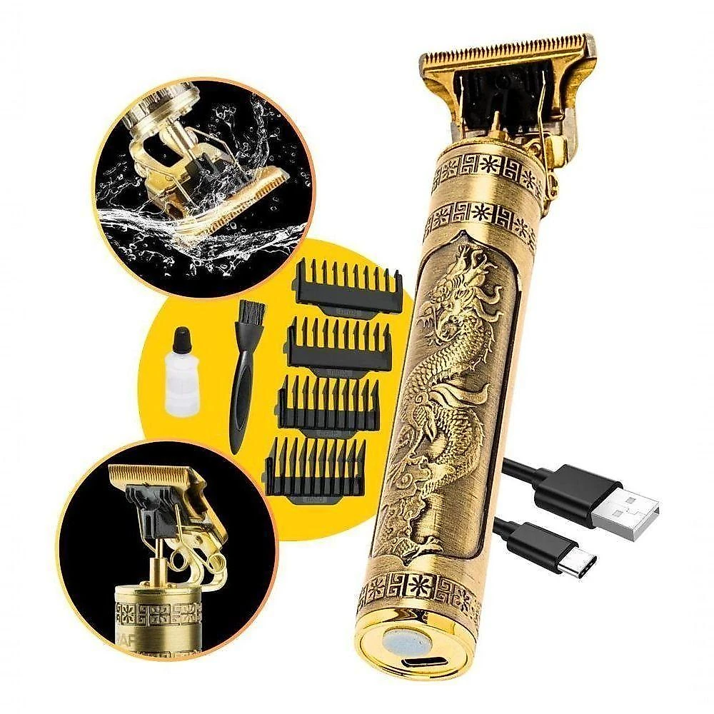 Aparador de Pelos T9 Profissional para Cabelo e Barba Lâmina Titânio Bivolt Dourado 110V