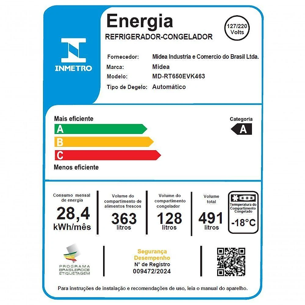 Refrigerador midea frost free duplex 491l inverter inox bivolt md-rt650evk463