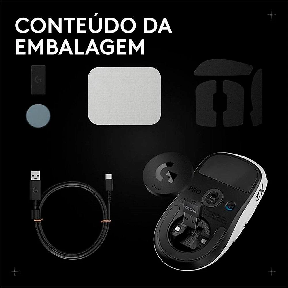 Mouse Gamer Sem Fio Logitech G PRO X2 SUPERSTRIKE LIGHTSPEED, 61 g, Cliques Táteis Personalizáveis, USB-C, Preto e Branco - 910-007775