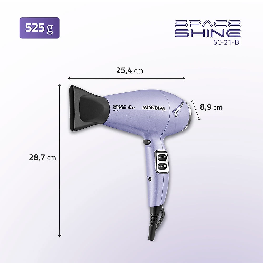 Secador de Cabelos Space Shine Mondial Lilás 2100W-2200W BIVOLT - SC-21-BI BIV