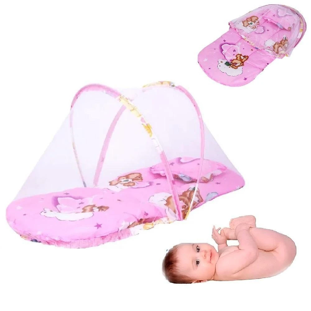 Berço Mosquiteiro Portátil com Colchonete e Travesseiro Rosa para Bebê Yeet