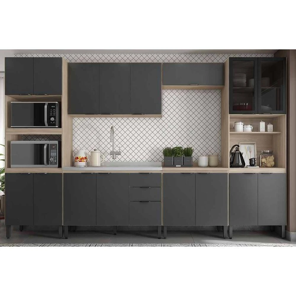 Kit Cozinha Modulado Firenze C6P127 6 Portas 2 Gavetas MDP 119,5CM Avena e Grafito Demóbile