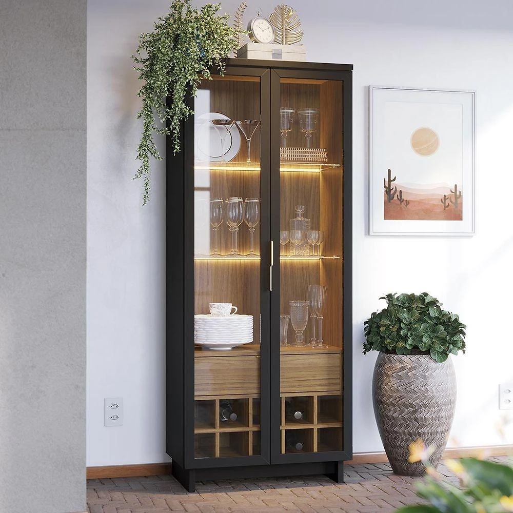 Cristaleira Guanabara 2 Portas 2 Prateleiras MDF MDP com Iluminação Preto Noce Colibri Móveis