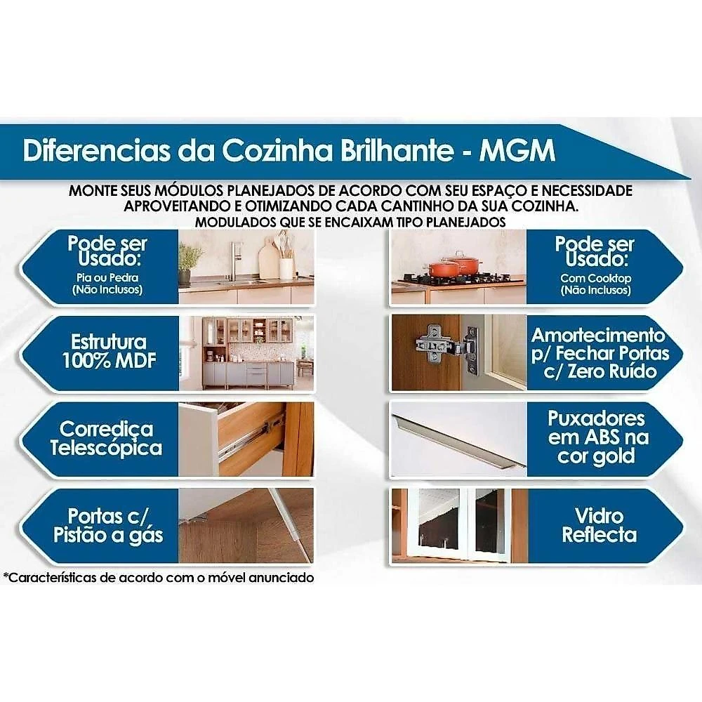 Kit Cozinha Brilhante C5P179 4 Portas 2 Gavetas MDF 120CM Cinamomo e Off MGM