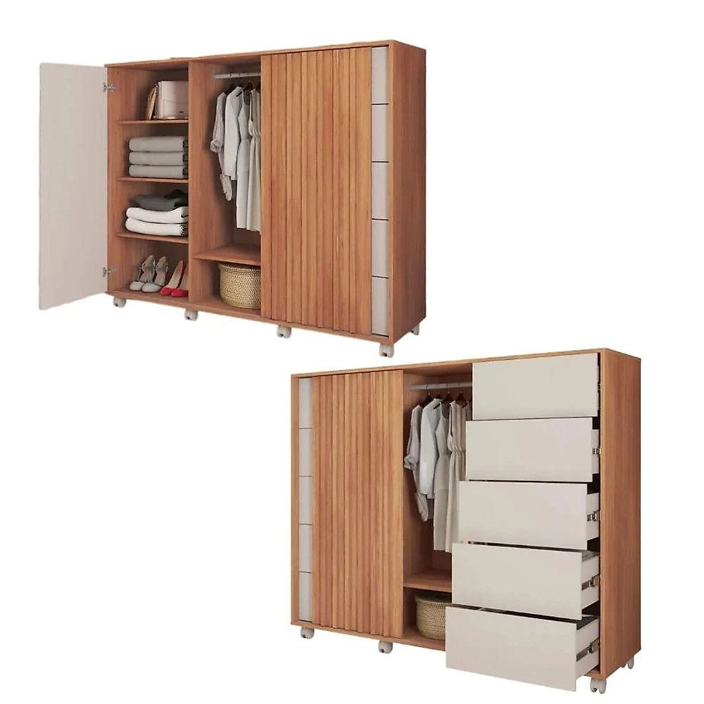 Guarda Roupa com Comoda Casal Pegasus 3 Portas de Correr 4 Gavetas Freijo-Off White Caemmun Móveis webcontinental-7898000005384