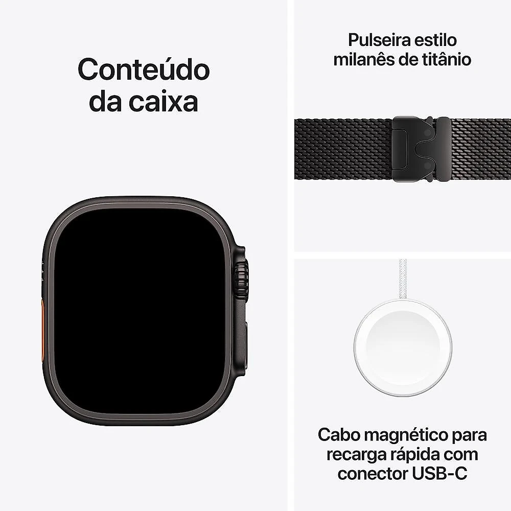 Apple Watch Ultra 3 GPS + Cellular, 49 mm, Caixa Preta de Titânio, Pulseira Preta Estilo Milanês de Titânio – P