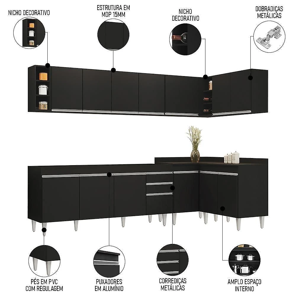 Armário De Cozinha Modulado De Canto 7 Peças Cp34 Balcão Sem Tampo Preto - Lumil
