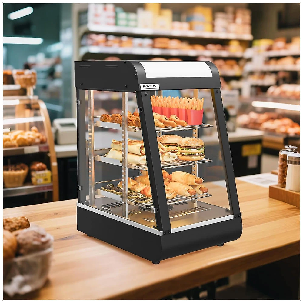 Expositor Aquecedor de Alimentos ROVSUN Preto 3 Níveis 38 cm com Prateleiras Ajustáveis Removíveis LED e Porta de Vidro, 110V.