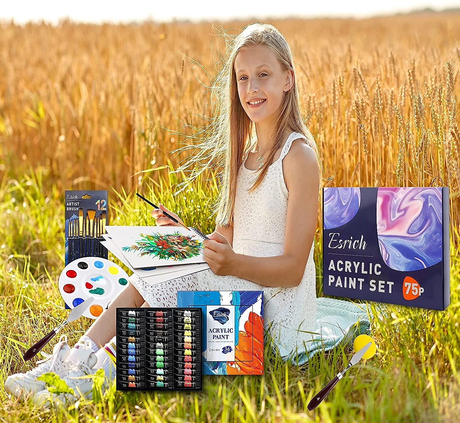 ESRICH Acrylic Kit de Pintura Conjunto Artístico com 75 Peças Inclui 36 Tintas