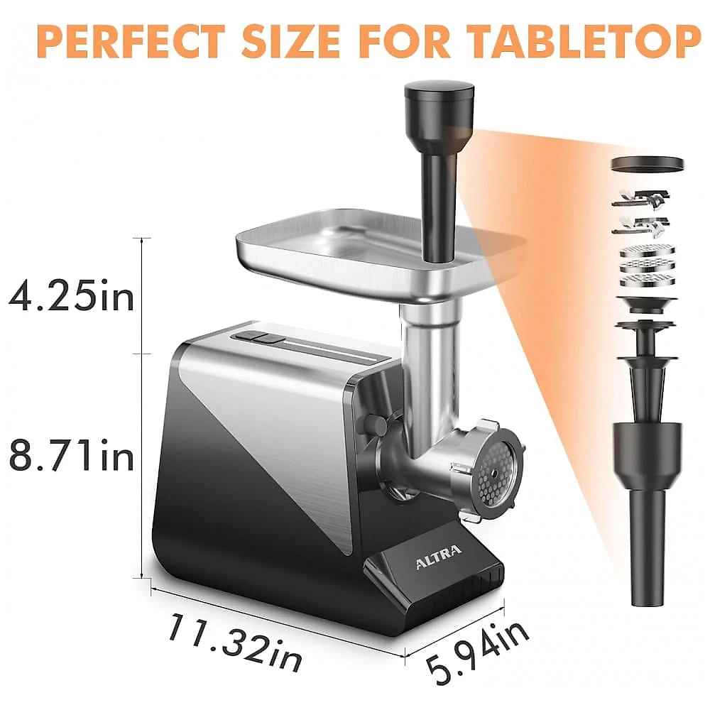 Moedor de Carne 8, 3200W Máximo Elétrico Super Resistente para Embutir Salsichas com 2 Lâminas de Aço Inoxidável e 3 Discos de Moagem, ALTRA LIFE