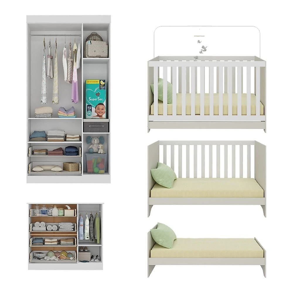 Quarto De Bebê Completo Berço Americano 3 Em 1 Colchão Encanto Multimóveis MP4605 Branco-off White