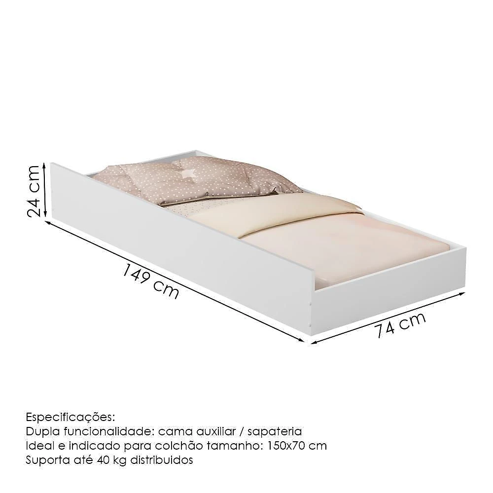 Cama Auxiliar para Mini Cama 149x74cm 1143 em MDF Branco Milani Movelaria