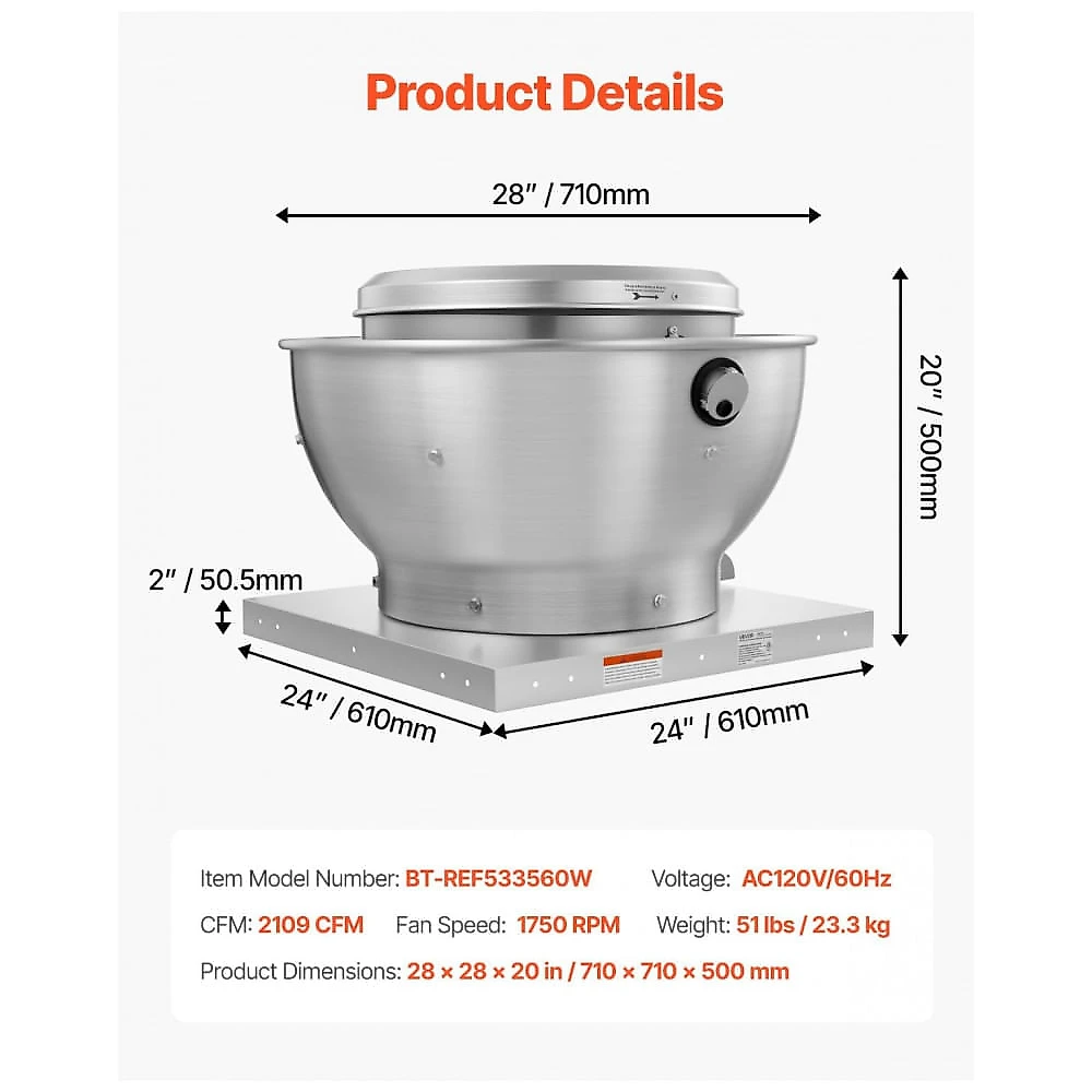 Exaustor de Cozinha Comercial VEVOR 2109 CFM 560W Coifa Industrial Alta Vazão 110V