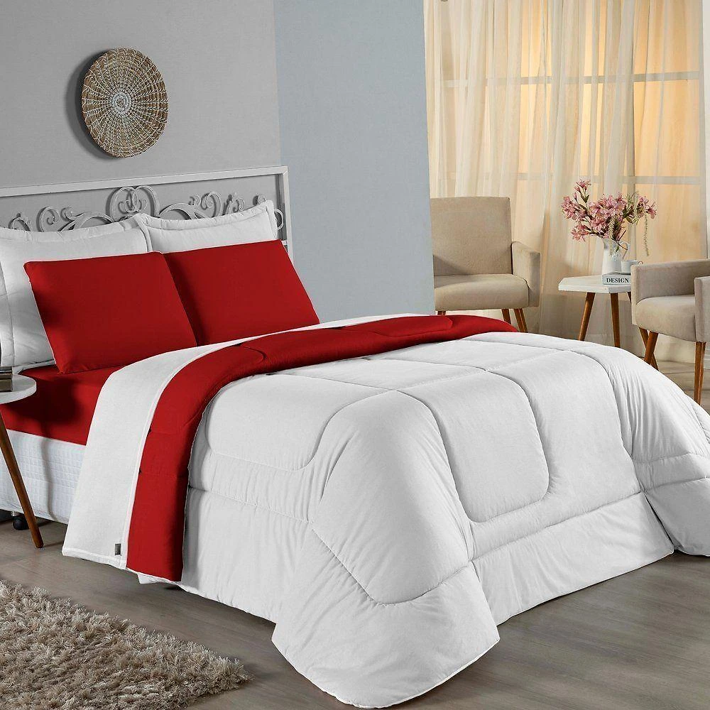 Kit Edredom Dupla Face + Jogo De Lençol Casal Nobre 6 Peças Malha 100% Algodão - Branco / Vermelho