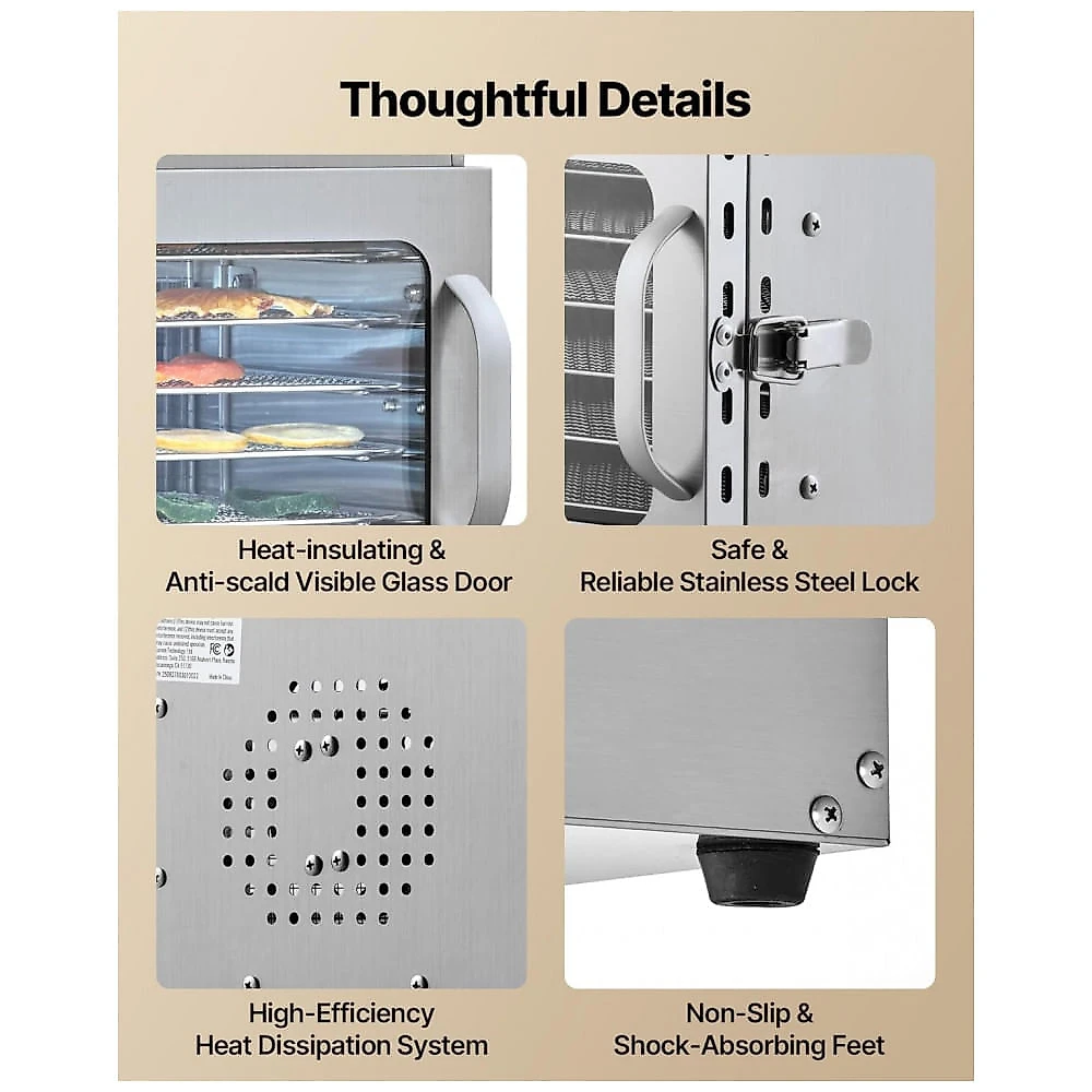 Desidratador de Alimentos VEVOR H6-C001 Prata 6 Bandejas Aço Inox 400W Timer 24h 240V