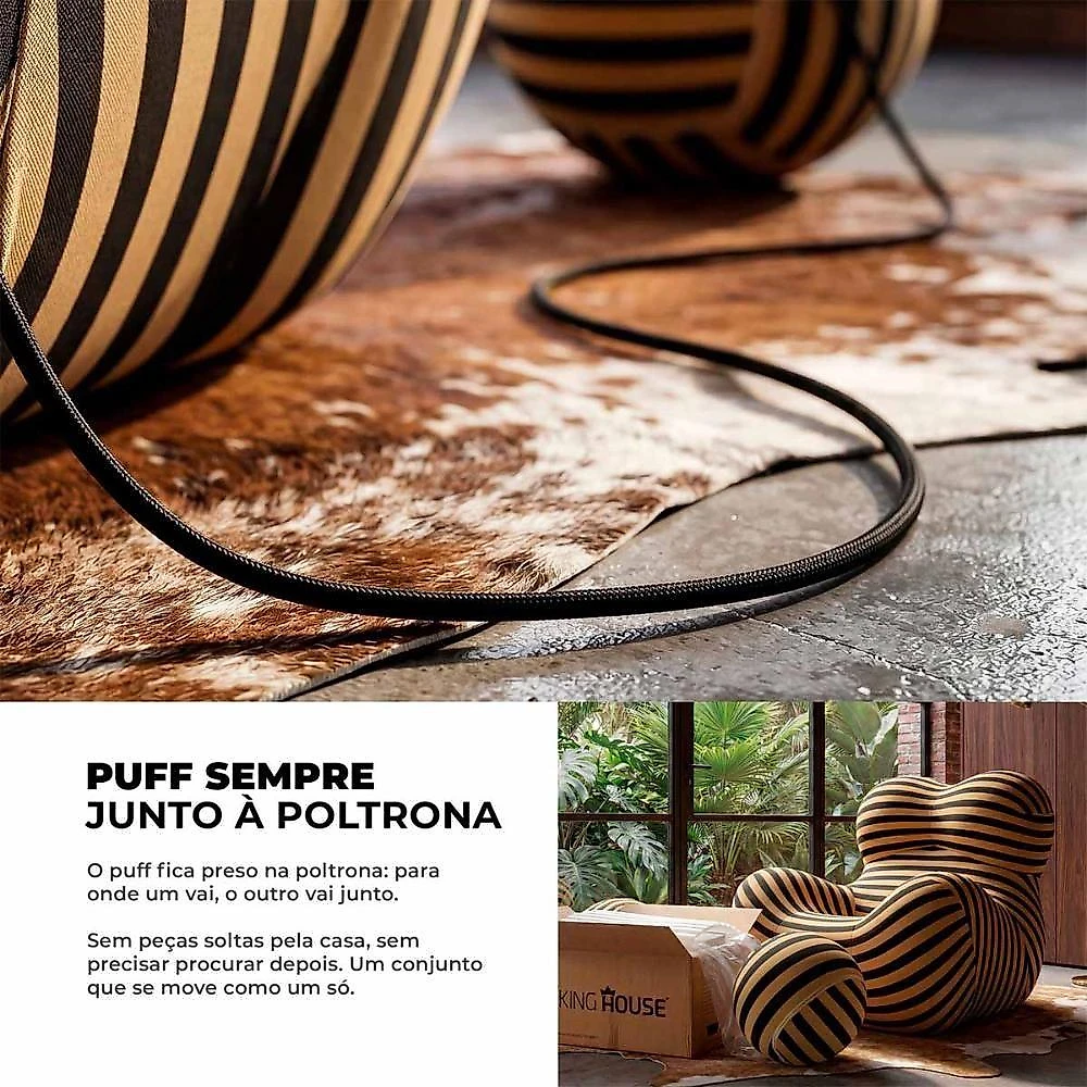 Poltrona Vortex Com Puff Listrada Design Orgânico Statement Compacto Na Caixa - King House