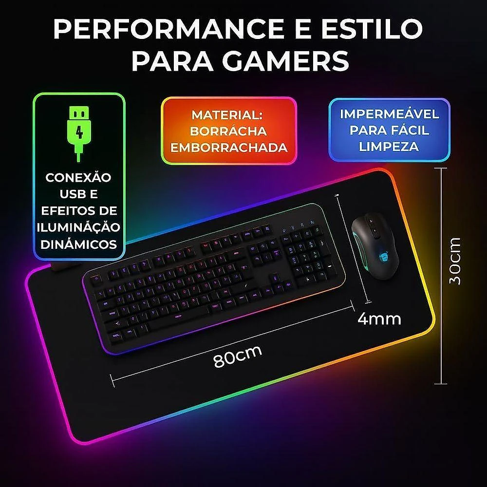 Mouse Pad Gamer com RGB LED 14 Modos de Iluminação Preto