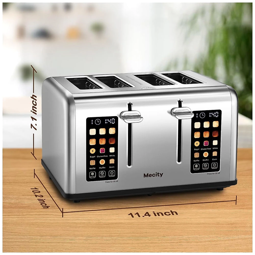 Torradeira para 4 Fatias em Ao Inoxidvel com Controle Duplo, Temporizador, Descongelamento e Reaquecimento, 110V 1650W, Mecity T88A, Prata 110v