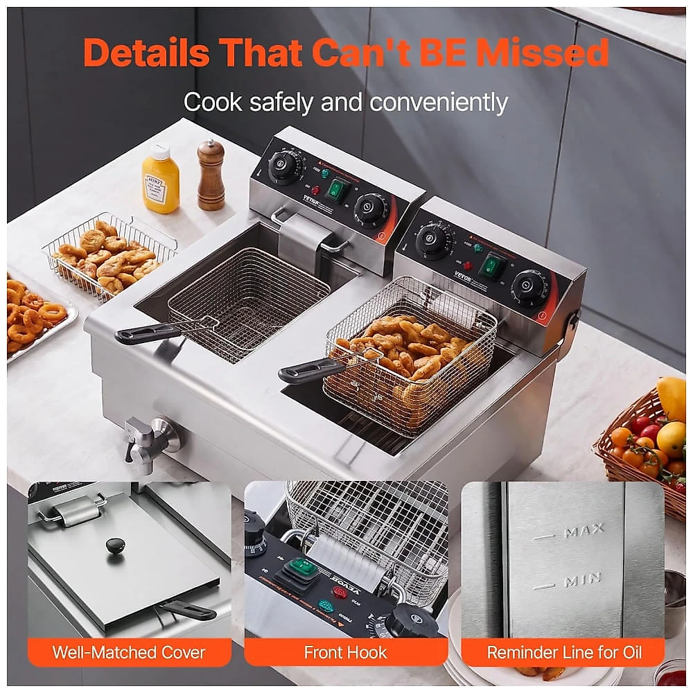 Fritadeira Elétrica Profissional VEVOR Duplo Tanque 22L Inox Temporizador Escorredor 110V