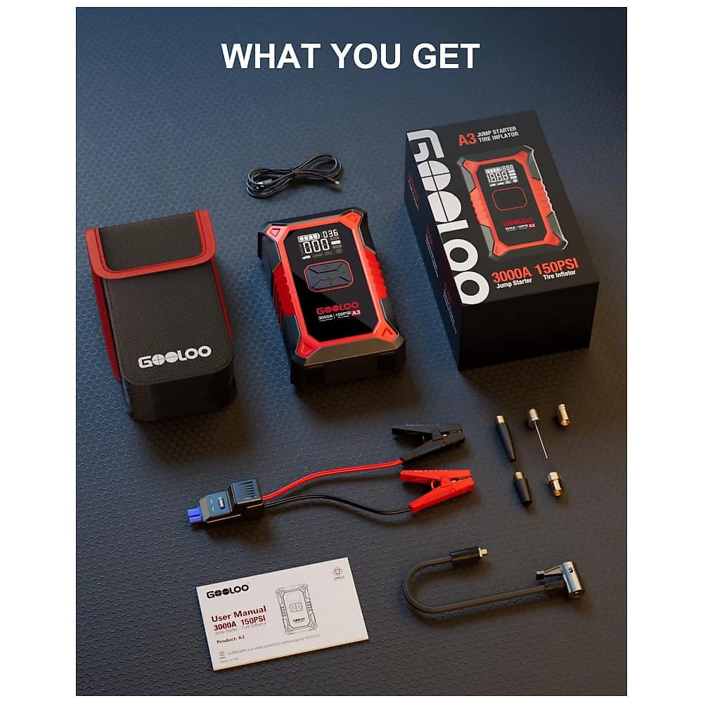 Jump Starter (Aux.de partida) com Compressor GOOLOO A3 Amarelo 3000A 150 PSI Gasolina 9.0L Diesel 6.5L 12V