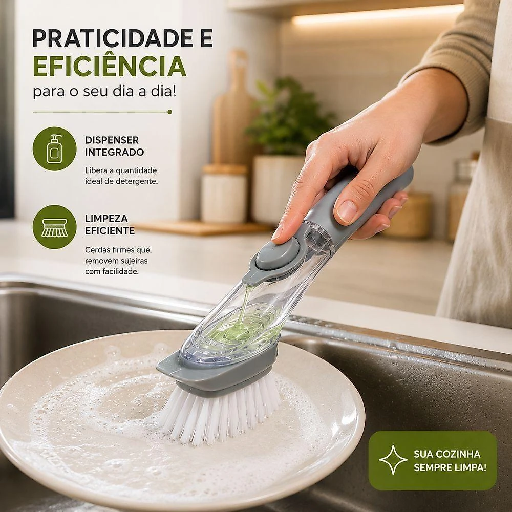 Escova de Limpeza com Dispensador de Detergente Multiuso PP e Borracha com Raspador para Cozinha