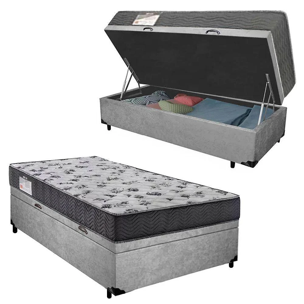 Cama Box com Baú Solteiro Espuma Acoplada 10cm Macia Cinza 88CM