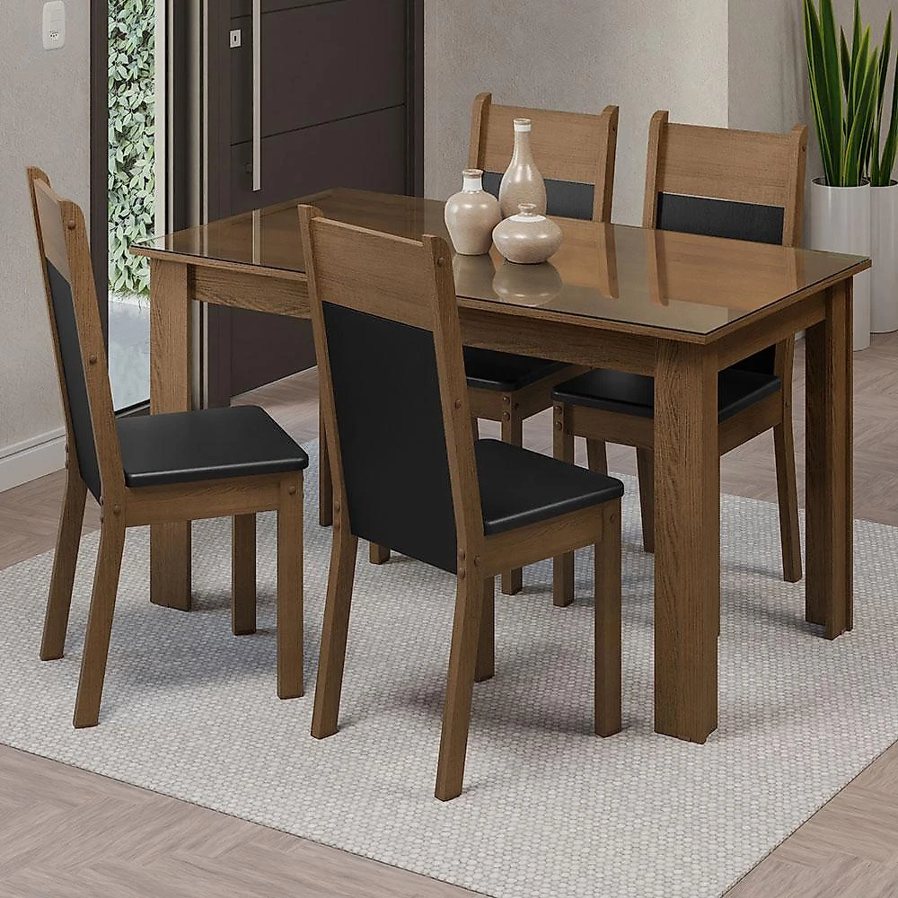 Conjunto sala de jantar mesa tampo de vidro 4 cadeiras rustic/preto eloá madesa