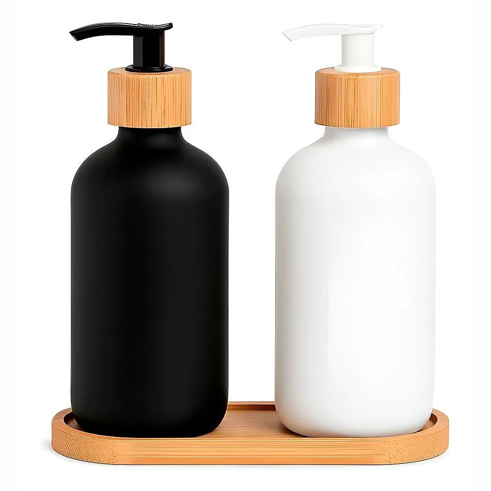 Porta Sabonete Líquido Conjunto 2 Frascos Vidro e Bambu com Base para Banheiro Preto e Branco GXM
