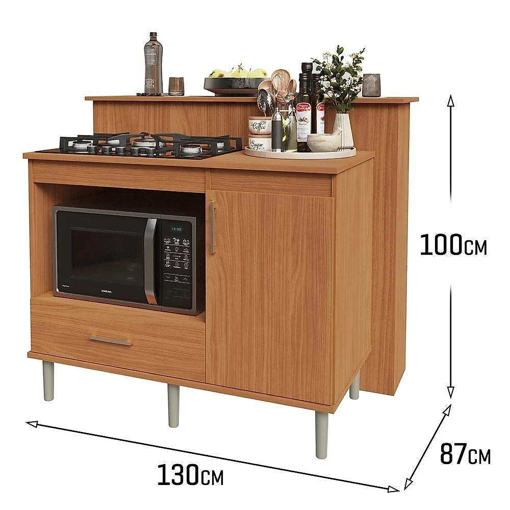 Kit Bancada Ilha Para Cozinha + Balcão Para Cooktop 1,05m 5 Bocas Turim Nature Nature