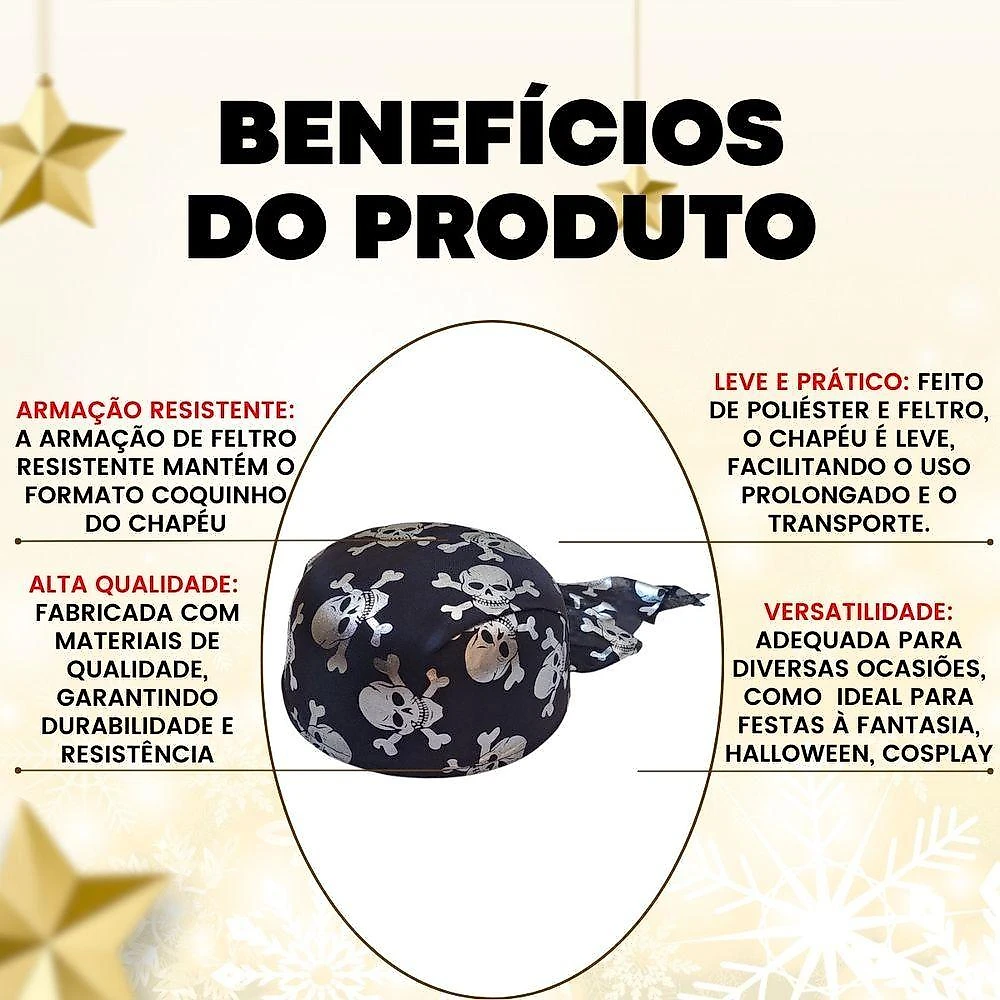 Chapéu Coquinho de Pirata Poliéster e Feltro Caveira Prata Extra Festas