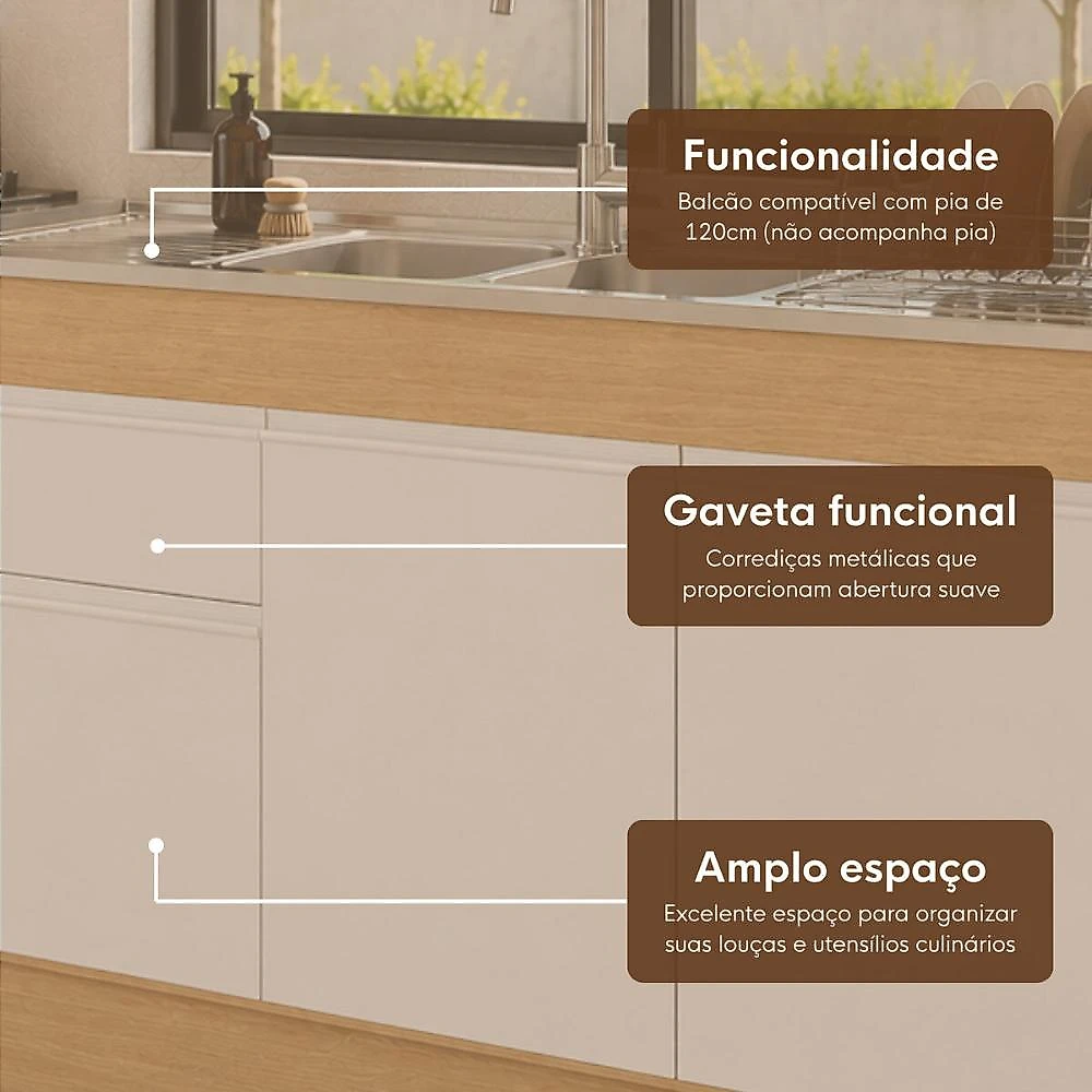 Kit Balcão de Cozinha para Pia e Cooktop/Forno com Rodapé 190cm Veneza Multimóveis MP2328 Balcão Cozinha p/Pia/Cooktop 190cm Veneza Multimóveis MP2328 - Branco/Dourado