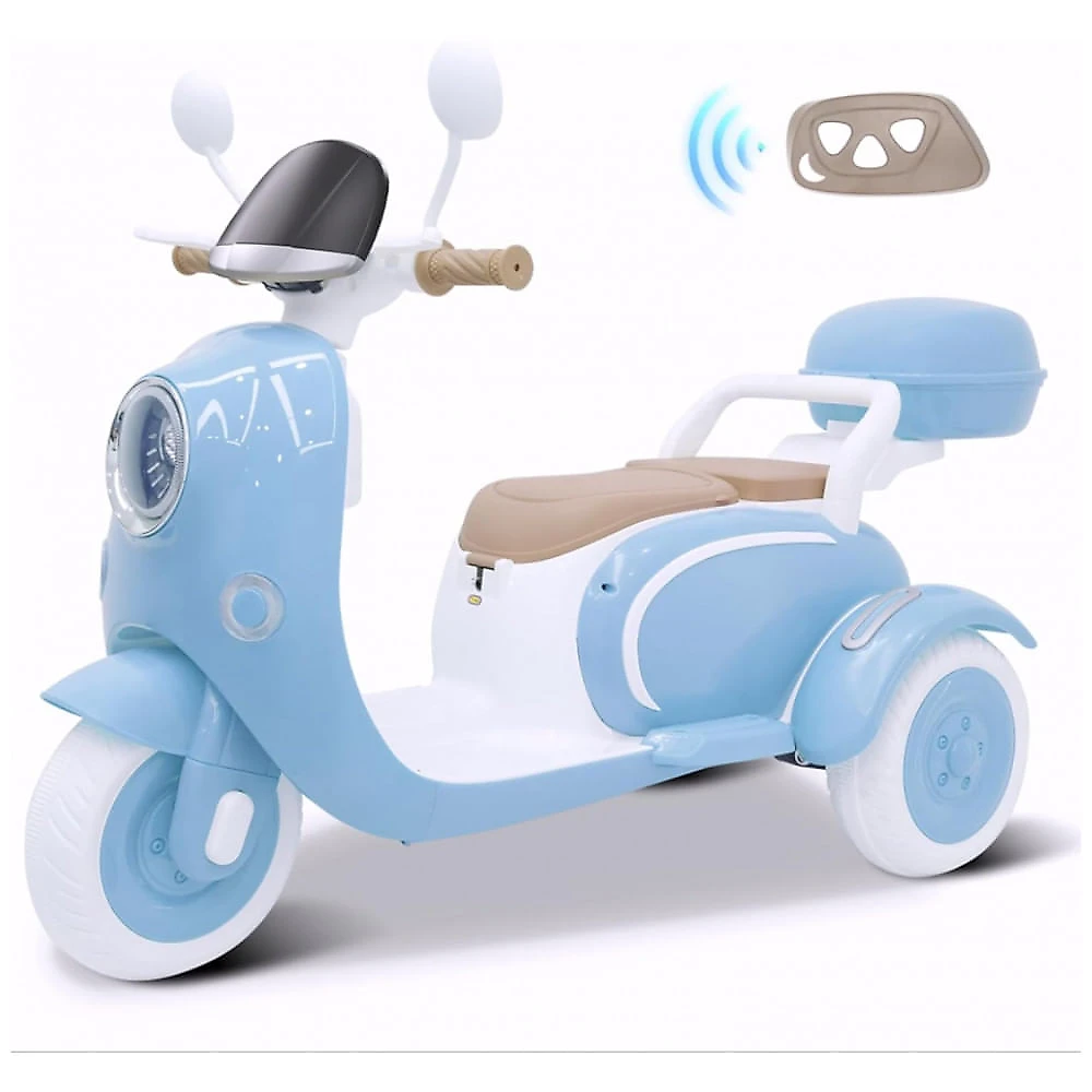 Moto Elétrica Infantil Letsgoride 12V Azul 2 Lugares 3 Rodas com Controle Remoto, Baú, Bluetooth, LED e Buzina 2x50W