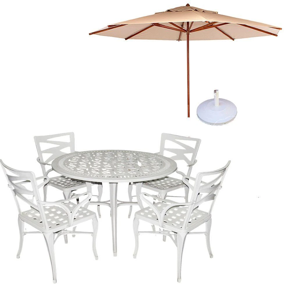 Miniatura Conjunto De Mesa Com 4 Cadeiras Aluminio Fundido + Guarda Sol Bege