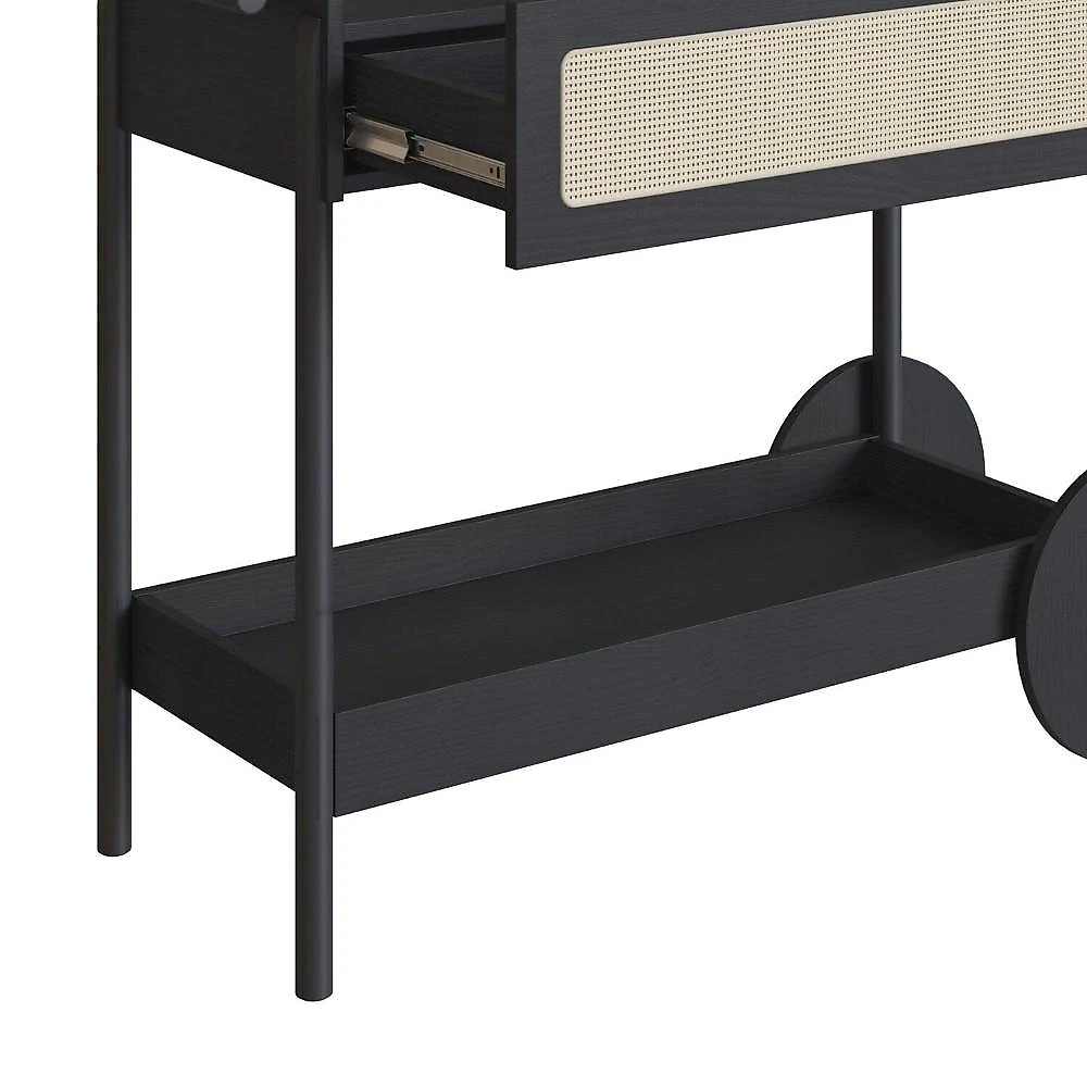 Carrinho Bar 1 Gaveta 112cm com Porta Taças Palhinha Pé Madeira Oslo Nero/Preto