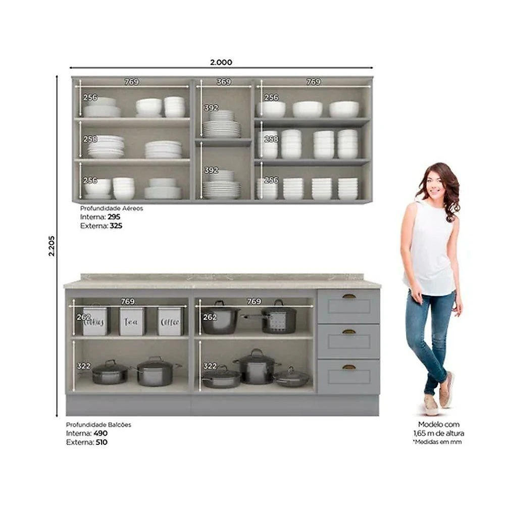 Cozinha Completa Henn 6 Peças 2 Portas 3 Gavetas MDF-MDP 120CM Cinza
