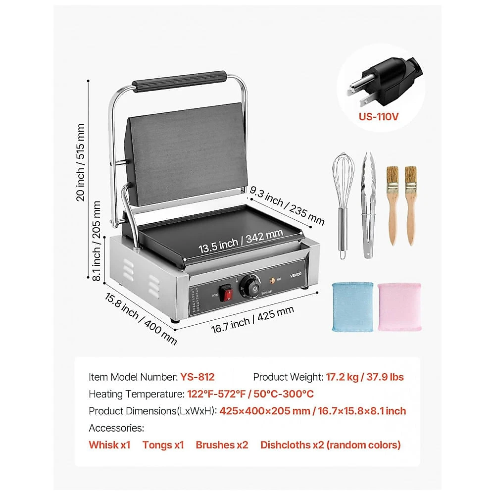 Grill de Panini Comercial VEVOR 1800W Chapa Esmaltada 34x24cm Controle de Temperatura 110V