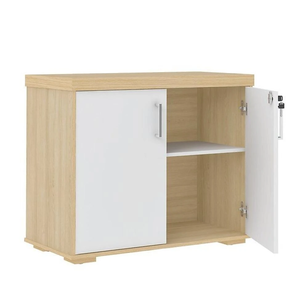 Kit 4 Peças com Mesa para Escritório Diretor em L, Armário Multiuso Alto, Armário Baixo e Balcão com Conjunto Mesa Tamburato 1400 Mesa de Apoio Balcão 2 portas Balcão com Gavetas e Armário com nicho Carvalho/Branco