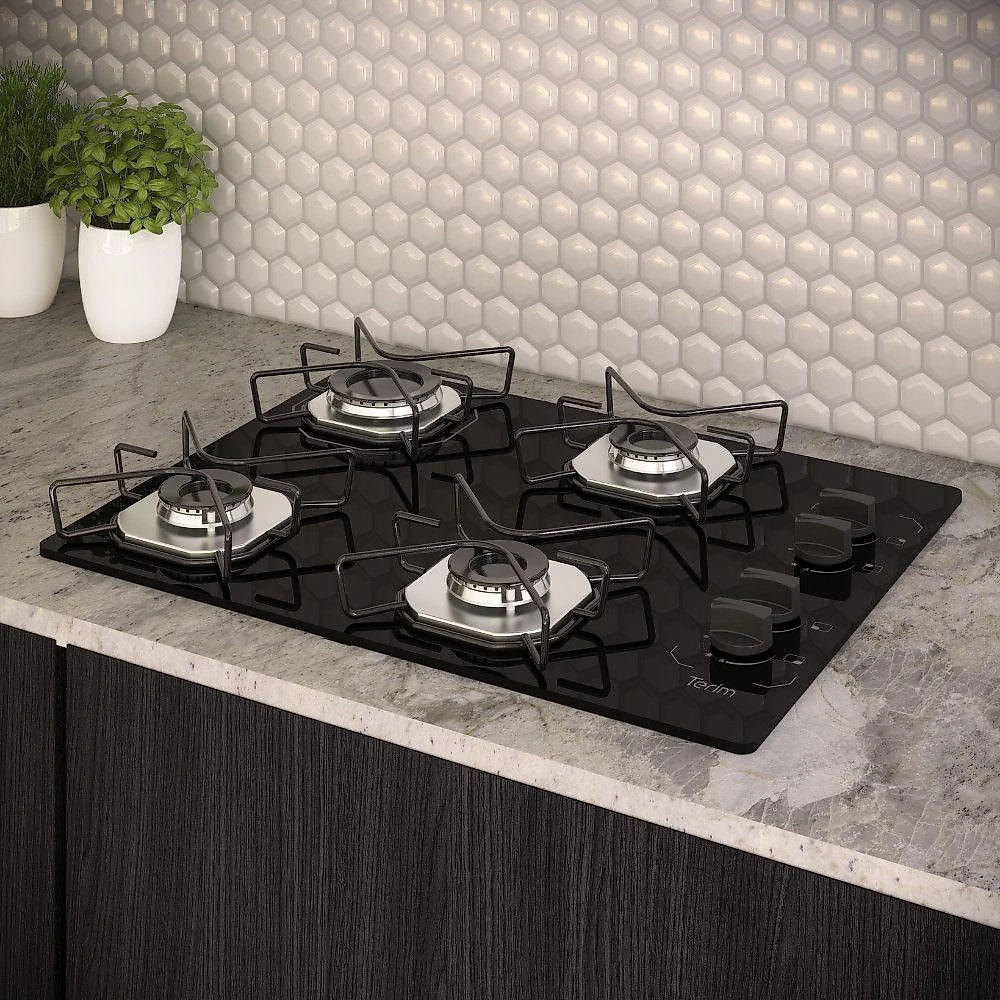 Cooktop 4 Bocas Terim Vidro Preto Com 6 Apoios Preto Bivolt