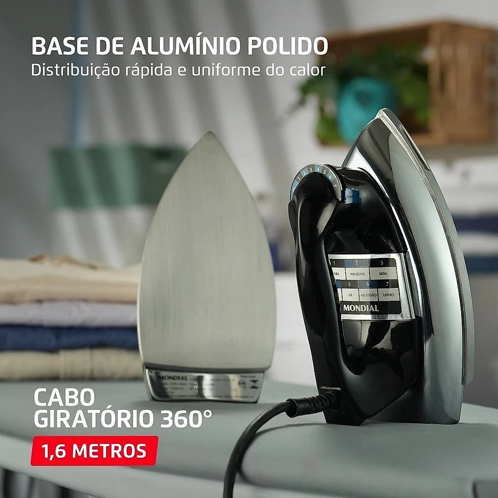 Ferro de Passar Roupa Seco Mondial FS-01-BI 1400W Base de Alumínio Polido Preto e Prata 220V