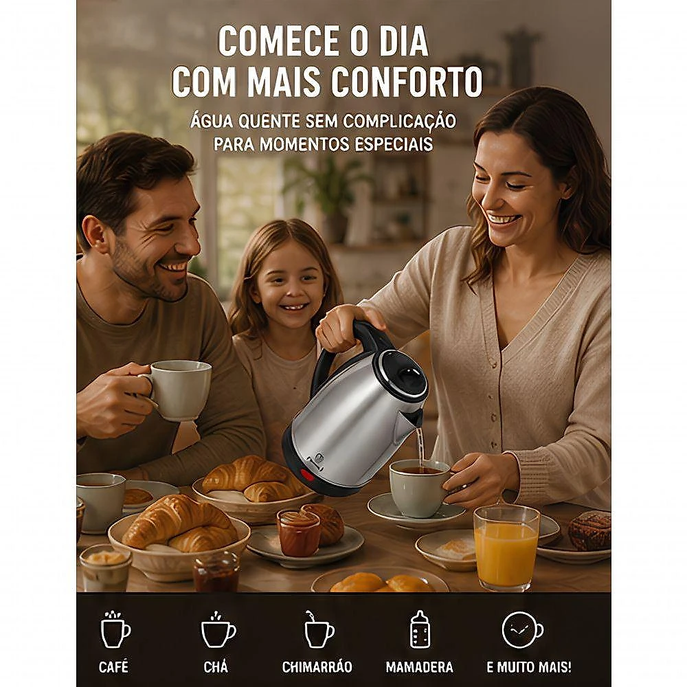 Chaleira Elétrica Inox 1,8L 1500W Base Removível Desligamento Automático 220V
