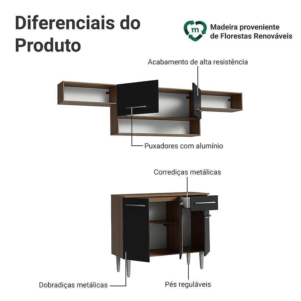 Armário De Cozinha Completa 225cm Rustic/preto Emilly Madesa 01xa Rustic/preto