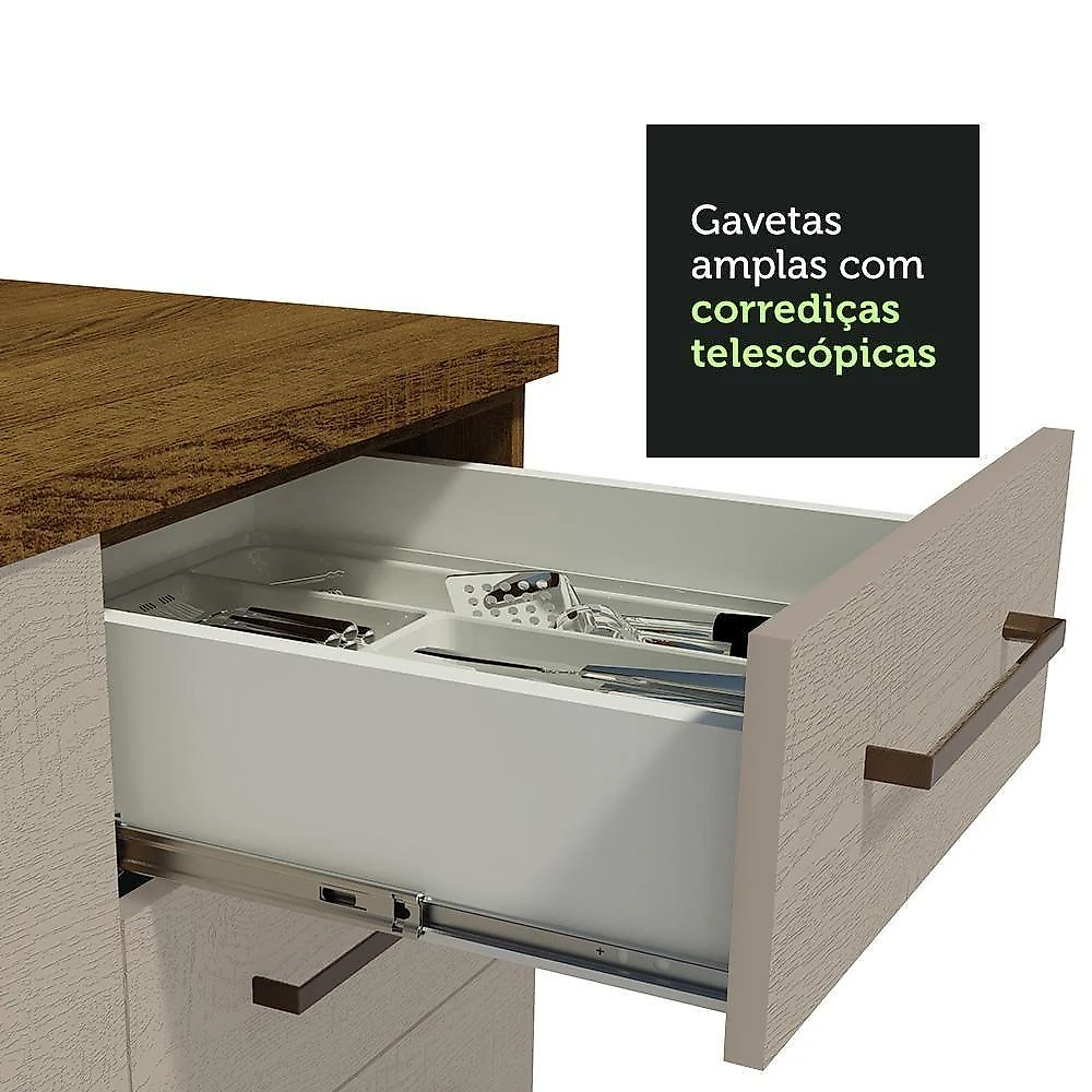 Kit Com 2 Balcões E 2 Armários Aéreos Multiuso 200cm Rustic/crema Agata Madesa Rustic/crema