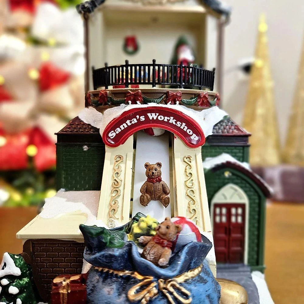 Vila Natalina Cenario Musical Natal Papai Noel Arvore Fabrica De Brinquedo Movimento Saco De Presente Decoraçao Led Som