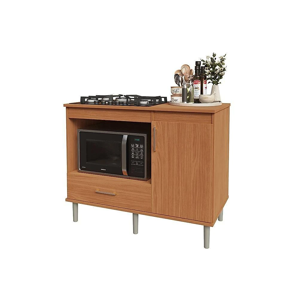 Kit Bancada Ilha Para Cozinha + Balcão Para Cooktop 1,05m 5 Bocas Turim Nature Nature